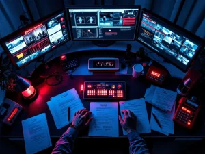 Beveiligingscontrolekamer tijdens crisis met verlichte monitors, noodknoppen en professionele handen klaar voor respons