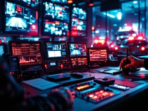 Beveiligingsmedewerker bedient controlepanelen in commandocentrum met waarschuwingslichten en noodvoertuigen op achtergrond