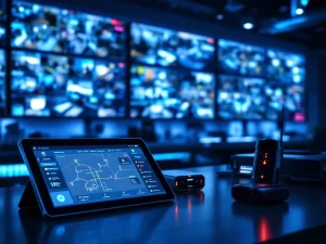 Moderne beveiligingscontrolekamer met surveillancemonitoren, tablet met GPS-patrouilleroute en high-tech beveiligingsapparatuur