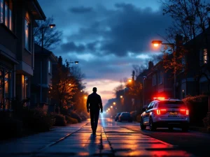 Beveiligingsbeambte patrouilleert met zaklamp door verlichte woonwijk bij schemering, bewakingscamera's en patrouillevoertuig zichtbaar