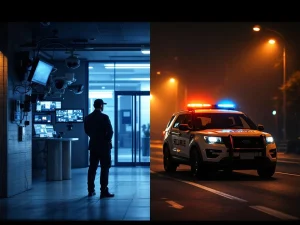 Beveiligingsdiensten: stationaire bewakingspost met monitoren links, patrouillevoertuig in nachtelijke stad rechts