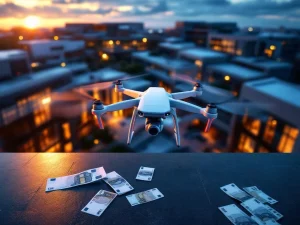 Professionele surveillance drone boven modern bedrijfscomplex bij zonsondergang met eurobiljetten voor kostenconcept