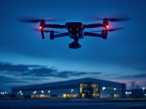 Zwarte beveiligingsdrone met rode LED-verlichting boven moderne bedrijfsfaciliteit met glazen ramen bij schemering