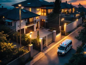 Luchtfoto van moderne woningbeveiliging bij schemering met LED-verlichting, camera's en patrouillevoertuig bij hek