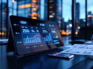 Moderne beveiligingspaneel met blauwe LED-indicatoren en kostenberekeningen op bureau in kantooromgeving bij schemering