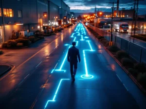 Beveiligingsbeambte loopt gemarkeerde patrouilleroute met verlichte wegpunten op industrieterrein vanuit vogelvluchtperspectief