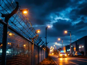 Industriële beveiligingsomtrek bij schemering met hekwerk, camera's, LED-verlichting en patrouillevoertuig