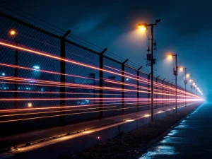 Industriële beveiligingsperimeter 's nachts met bewegingssensoren, infraroodstralen, camera's en thermische detectie