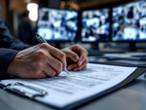 Beveiligingsbeambte schrijft incidentrapport op klembord met surveillancemonitoren op achtergrond