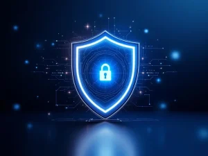 Gloeiend blauw beveiligingsschild met camera en digitale circuits op donkere zakelijke achtergrond