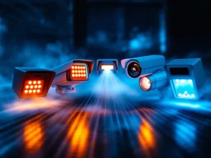 Geavanceerde beveiligingssensoren met rode LED-indicatoren en infraroodstralen op donkere metalen ondergrond