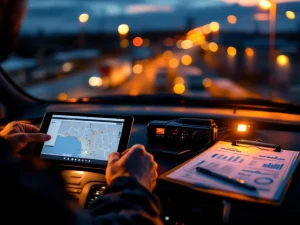 Beveiligingsvoertuig dashboard bij schemering met radio, zaklamp en tablet met patrouilleroutes, industriële faciliteit op achtergrond