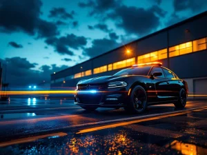 Beveiligingsvoertuig met zwaailichten geparkeerd bij industrieel gebouw tijdens schemering, natte weg reflecteert licht