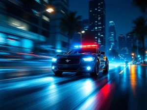 Beveiligingsvoertuig met zwaailichten rijdt 's nachts door stedelijke straat met motion blur effect