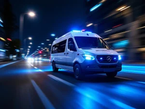 Witte beveiligingsbus met blauwe zwaailichten rijdt 's nachts met hoge snelheid door stedelijke straat