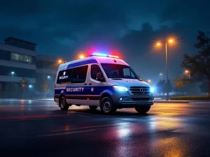 Professionele beveiligingswagen met LED-verlichting patrouilleert 's nachts op kantoorcomplex parkeerplaats