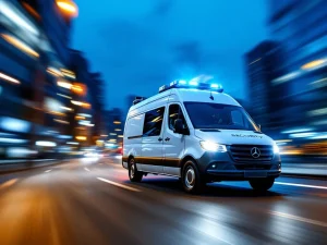 Witte beveiligingsvan met blauwe zwaailichten rijdt snel door Nederlandse stadsstraat bij schemering