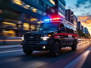 Zwarte beveiligingspatrouille met zwaailichten rijdt snel door stedelijke straat bij schemering naar gebouwencomplex