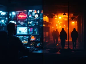 Beveiligingsmedewerker monitort schermen in controlecentrum terwijl schaduwen bewegen door slecht verlichte gebieden