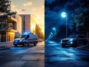 Beveiligingsvoertuig patrouilleert overdag en 's nachts bij modern kantoorcomplex, dag-nacht surveillance vergelijking