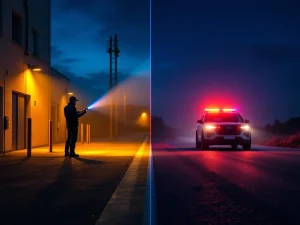 Beveiligingsmedewerker met zaklamp tijdens rondgang en patrouillevoertuig op terrein bij schemering