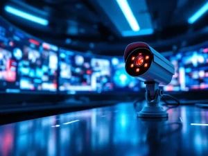 Moderne beveiligingscamera met infrarood sensoren in high-tech controlekamer met blauwe verlichting en monitoren