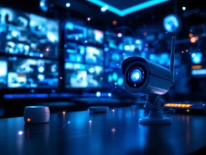 Draadloze beveiligingscamera met infraroodsensoren in moderne controlekamer met blauwe verlichting en monitors