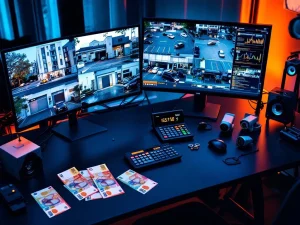 Beveiligingscamera's en monitoren met euro bankbiljetten en calculator voor kostenanalyse op bureau