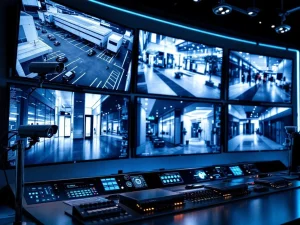 Professionele beveiligingscontrolekamer met HD-bewakingscamera's, live monitoren en geavanceerde controlepanelen