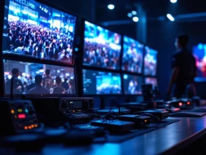 Beveiligingscontrolekamer met meerdere bewakingsmonitoren, radioapparatuur en beveiligingspersoneel in moderne omgeving