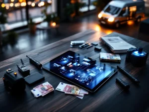 Beveiligingscontrolekamer bureau met tablet met camerabewaking, portofoon, zaklamp en eurobiljetten op donker hout
