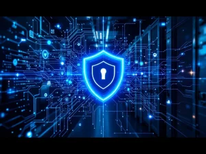 Gesplitst scherm toont digitale beveiliging links en fysieke beveiliging rechts, verbonden door beschermend barrièresymbool