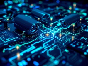 Cyberbeveiligingsopstelling met gloeiende datastromen, beveiligingscamera's en servers op donkere ondergrond