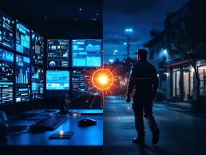 Split-screen toont digitale beveiligingscentrale met monitoren links en beveiligingsagent op nachtpatrouille rechts