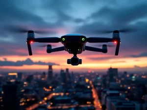 Zwarte surveillancedrone met navigatielichten zweeft boven moderne stad met digitale vliegzone-overlays bij schemering