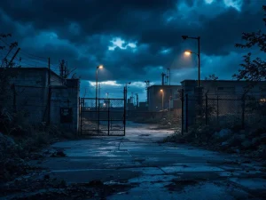 Verlaten industriële faciliteit 's nachts met open hek, beveiligingscamera's en dramatische belichting die kwetsbare toegangspunten toont