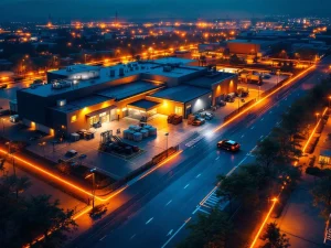 Industriële faciliteit bij schemering met geavanceerde beveiligingscamera's, sensoren en LED-verlichting langs de omheining