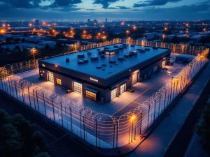 Luchtfoto van moderne industriële faciliteit met beveiligingssystemen, hekken, camera's en verlichting bij schemering