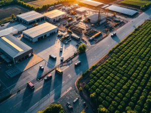 Luchtfoto van industriële terreinen met magazijnen, bouwplaats, zonnepanelen en landbouwgrond met beveiligingsvoertuigen
