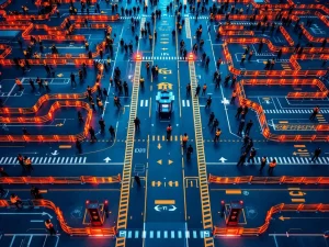 Luchtfoto van groot evenemententerrein met beveiligingspersoneel, publieksstroom en nooduitgangen zichtbaar