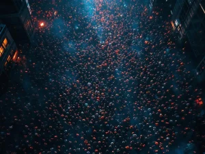 Luchtfoto van dichte menigte met knelpunten en congestie, dramatische belichting toont veiligheidsrisico's bij massa-evenementen