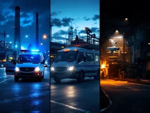 Mobiele beveiligingsvoertuigen patrouilleren industriële faciliteit, bouwplaats en woonwijk met professionele bewakingsapparatuur