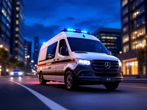 Witte beveiligingswagen met blauwe zwaailichten patrouilleerd door moderne zakenwijk tijdens schemering