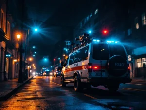 Beveiligingsvoertuig met blauwe zwaailichten en camera's bij nachtelijke incident op natte stedelijke straat