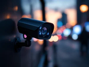 Zwarte beveiligingscamera op mobiele surveillance-auto met blauwe LED-indicatoren bij schemering, stadslichten op achtergrond