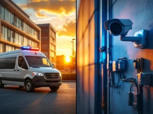 Beveiligingsbestuursvoertuig met camera's naast statische CCTV-camera op betonnen muur, vergelijking mobiele en vaste bewaking