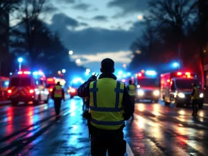 Hulpverleners in veiligheidsvesten coördineren noodrespons bij incident met ambulances, brandweer en politie tijdens schemering