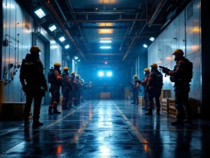 Noodresponsteam in reflecterende kleding tijdens tactische training in industriële faciliteit met veiligheidsuitrusting