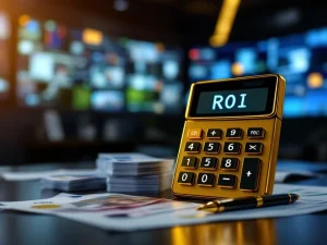 Gouden calculator met ROI-display naast eurobankbiljetten en beveiligingsdocumenten op donker houten bureau