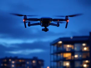 Zwarte surveillance drone met LED-verlichting zweeft boven modern kantoorgebouw tijdens schemering